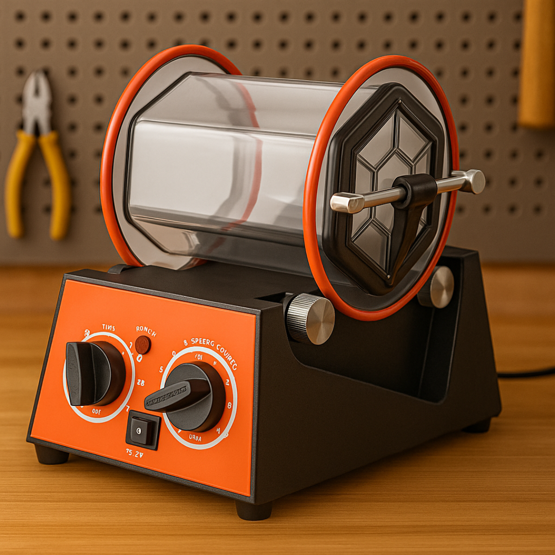Orange and black lathe machine on a wooden surface with tools in the background